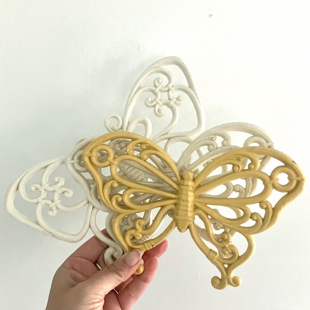 Vintage 70’s white & yellow mod plastic butterflies butterfly wall art set of 3